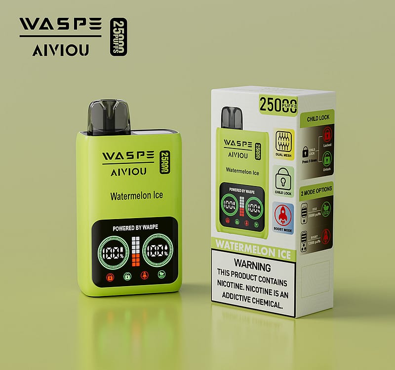 Ein grünes elektronisches Gerät mit der Bezeichnung "WASPE AIVIOU Watermelon Ice" mit 2500 Zügen, einer Dual-Mesh-Spule, einer Kindersicherung und zwei Betriebsmodi sowie einer passenden Verpackung mit ähnlichen Details und einer Nikotinwarnung.