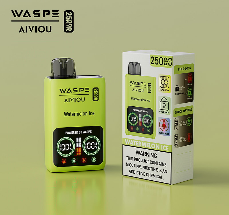 A green electronic vaping device labeled "WASPE AIVIOU Watermelon Ice" with 2500 puffs, featuring a dual mesh coil, child lock, and two mode options, alongside its matching packaging displaying similar details and a nicotine warning.