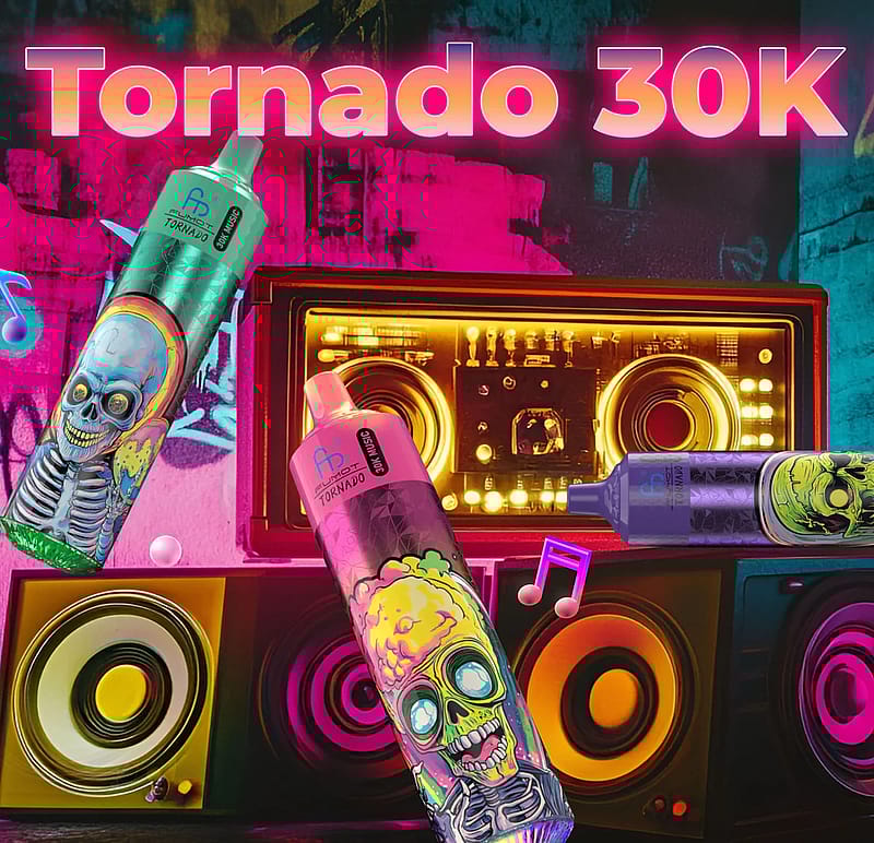 Två färgglada sprayfärgburkar med skalldesign placeras framför en retro boombox, mot en livfull bakgrund i graffitistil. Texten "Tornado 30K" visas tydligt överst.