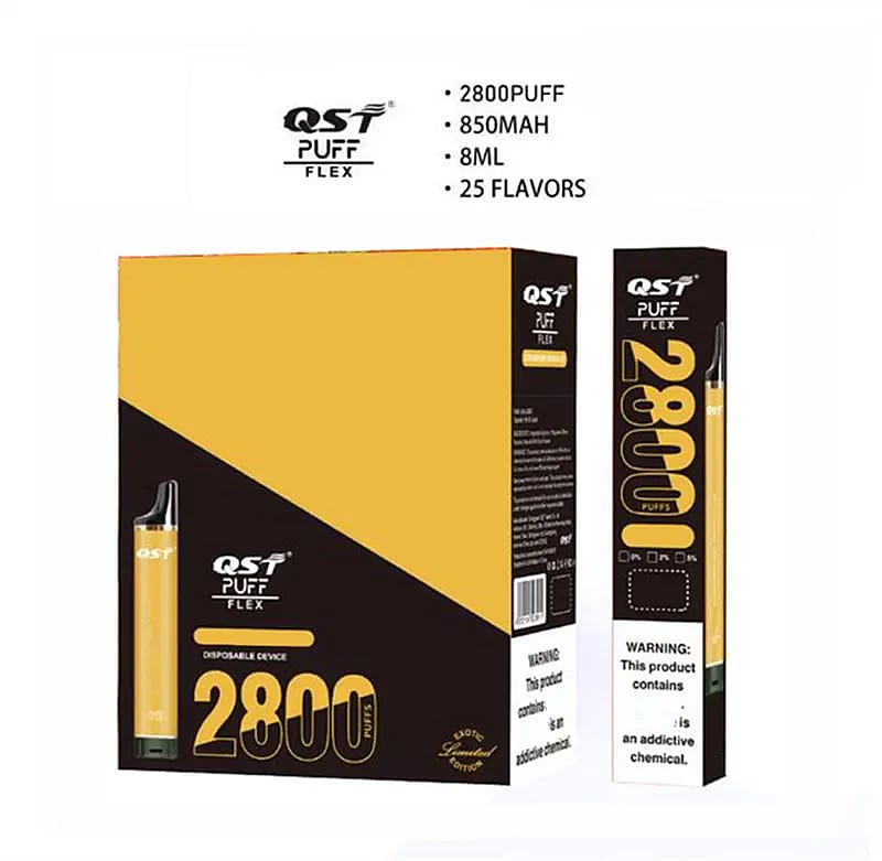 QST Puff Flex Einweg-Vape-Gerät mit 2800 Zügen, 850 mAh-Akku, 8 ml E-Liquid-Kapazität und 25 Geschmacksoptionen in gelber und schwarzer Verpackung.