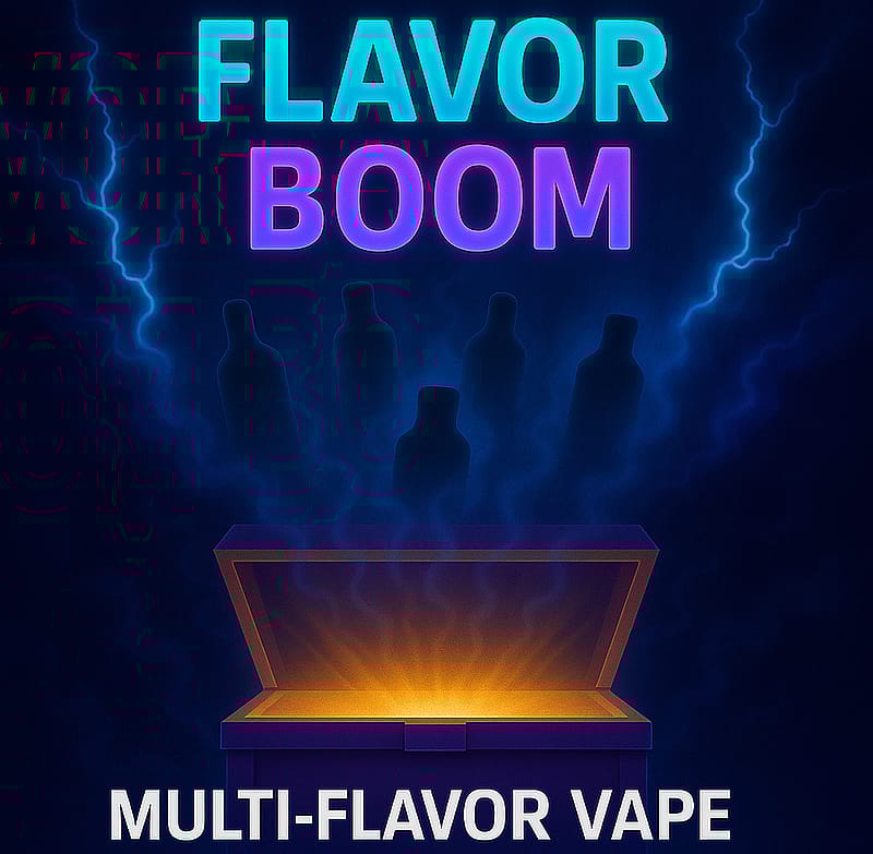 A glowing box emitting mist around silhouettes of bottles, featuring the text 'Flavor Boom' and 'Multi-Flavor Vape.'