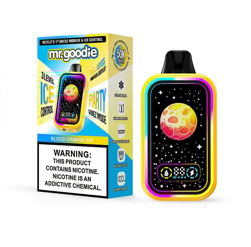 Ein lebendiges Verpackungs- und Gerätedesign für das Vape-Produkt „Mr. Goodie“ mit Blood Orange Ice-Geschmack, mit einem farbenfrohen Display mit Himmelsmotiv und wichtigen Produkthighlights wie Eiskontrolle und einer Kapazität von 50.000 Zügen.