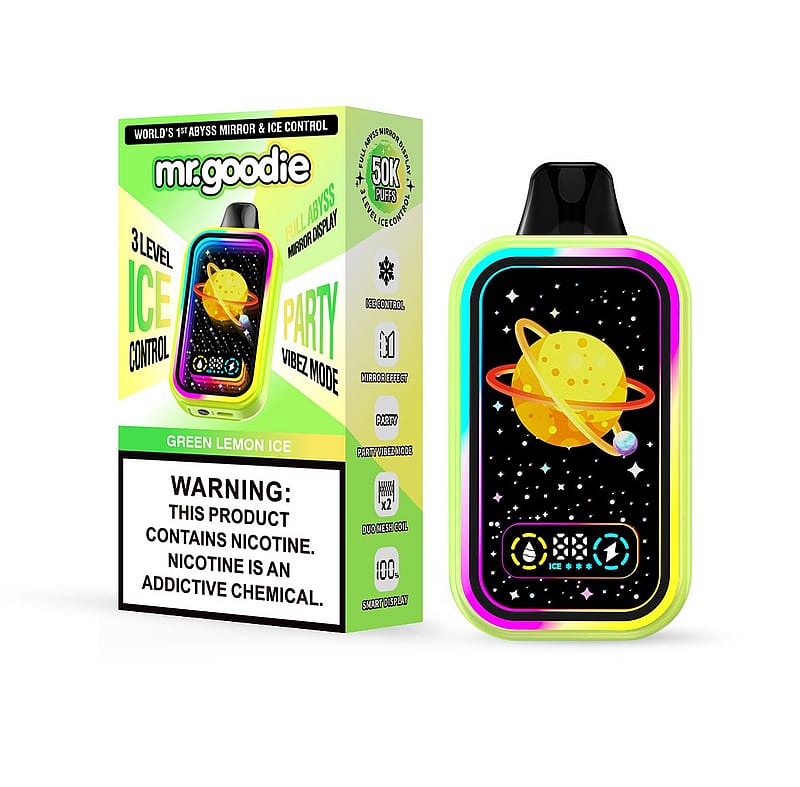 Farbenfrohes Vape-Gerät und Verpackung für „Mr.Goodie“ mit einem Planetendesign auf dem Display und der Aufschrift „Green Lemon Ice“, wobei Funktionen wie Eiskontrolle, Spiegelanzeige und Partymodus hervorgehoben werden und eine deutlich sichtbare Nikotinwarnung angezeigt wird.
