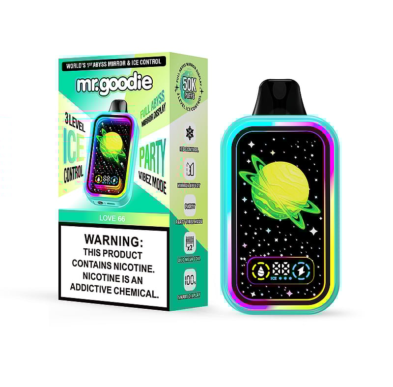 Mr. Goodie-Vaping-Gerät und -Verpackung mit leuchtenden Farben, futuristischem Design mit einer Saturn-ähnlichen Planetenanzeige und einer Warnung zum Nikotingehalt.