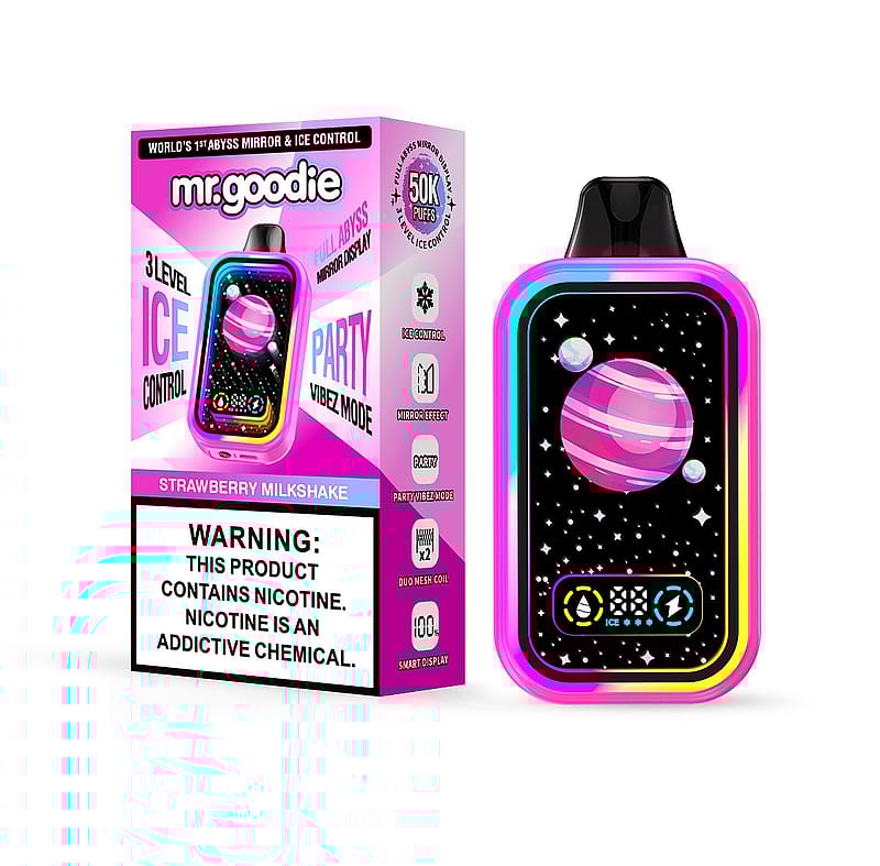Neben seiner Verpackung wird ein Vaping-Gerät mit Erdbeermilchshake-Geschmack präsentiert, das mit Funktionen wie Partymodus, Eiskontrolle und einem farbenfrohen Display mit Galaxienmotiven, Sternen und Planeten wirbt.