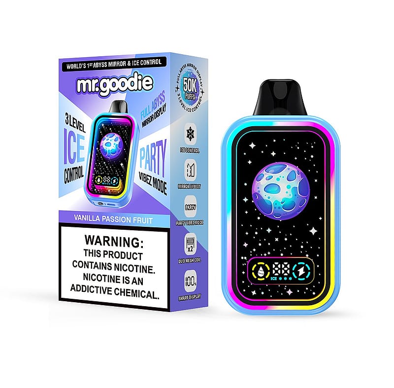 Ein verpacktes Vaping-Gerät mit der Aufschrift „Mr. Goodie“ in der Geschmacksrichtung Vanille-Passionsfrucht, farbenfrohem Design und Funktionen wie Eiskontrolle und Partymodus. Ein Warnhinweis besagt, dass das Produkt Nikotin enthält, eine Suchtsubstanz.
