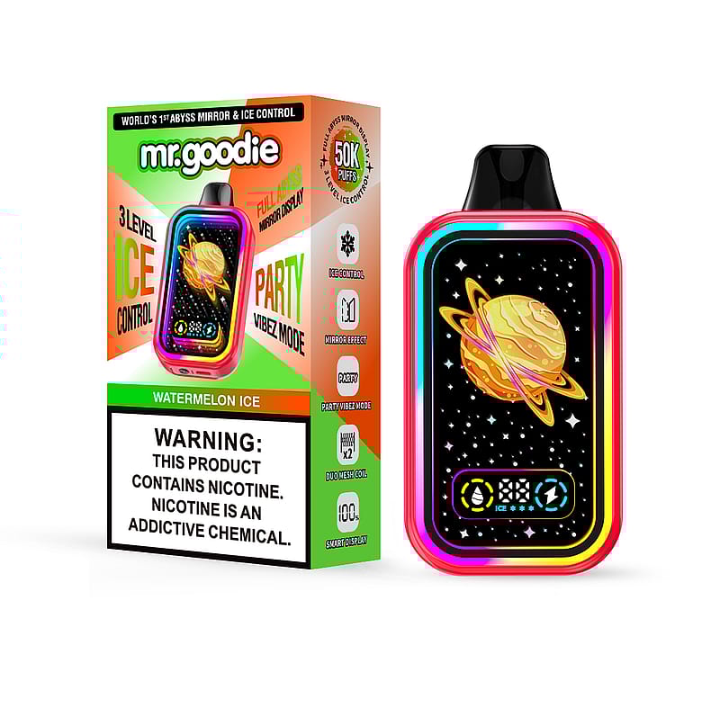 Farbenfrohes elektronisches Vaping-Gerät mit einem Saturn-ähnlichen Planetendesign auf dem Bildschirm, abgebildet neben der Verpackung mit der Aufschrift „Watermelon Ice“ und einer Warnung vor dem Nikotingehalt.