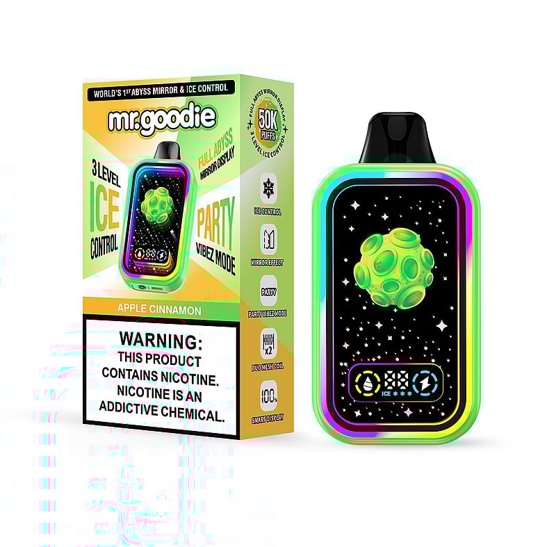 Un appareil de vapotage électronique coloré et sa boîte affichant la marque « mr.goodie », avec une saveur pomme-cannelle et mettant en valeur des fonctionnalités telles que le contrôle de la glace, le mode fête et l'affichage miroir, avec un avertissement de nicotine clairement affiché.