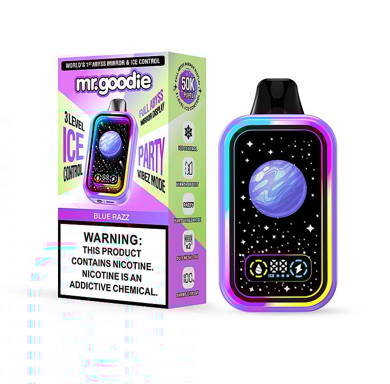 Emballage coloré et appareil d'une vape électronique arborant la marque « mr.goodie » et des détails incluant la saveur Blue Razz, une capacité de 50 000 bouffées et un avertissement concernant la dépendance à la nicotine.