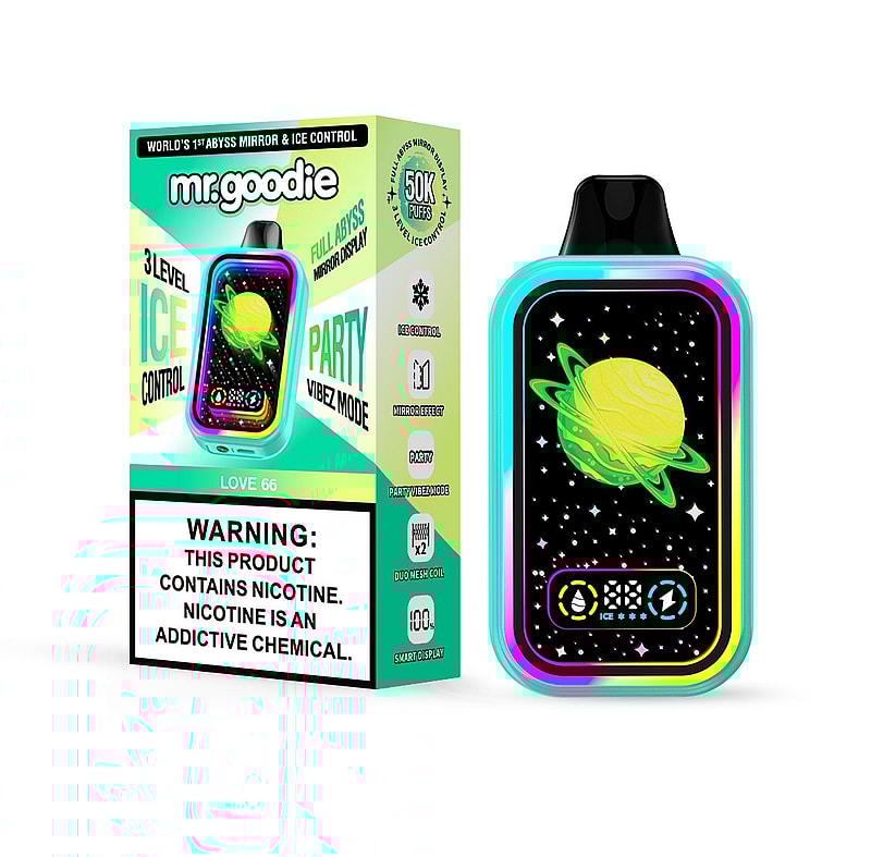 Appareil de vapotage et emballage Mr. Goodie, présentant des couleurs vives, un design futuriste avec un affichage de planète semblable à Saturne et un avertissement sur la teneur en nicotine.