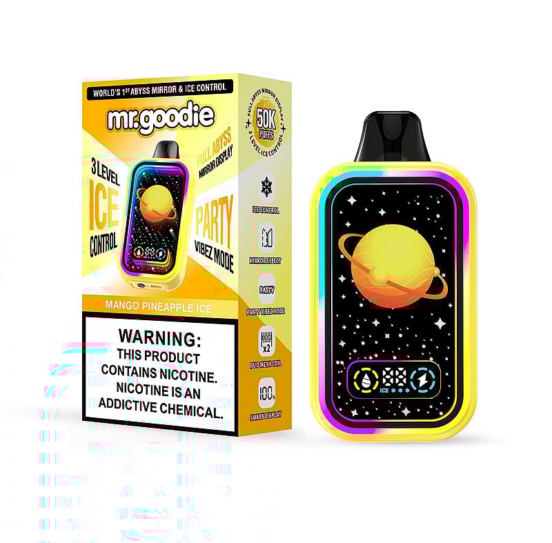 Un appareil de vapotage électronique de marque affichant un écran coloré avec un design de planète, accompagné de son emballage qui met en valeur la saveur, les fonctionnalités et les avertissements légaux sur la nicotine.