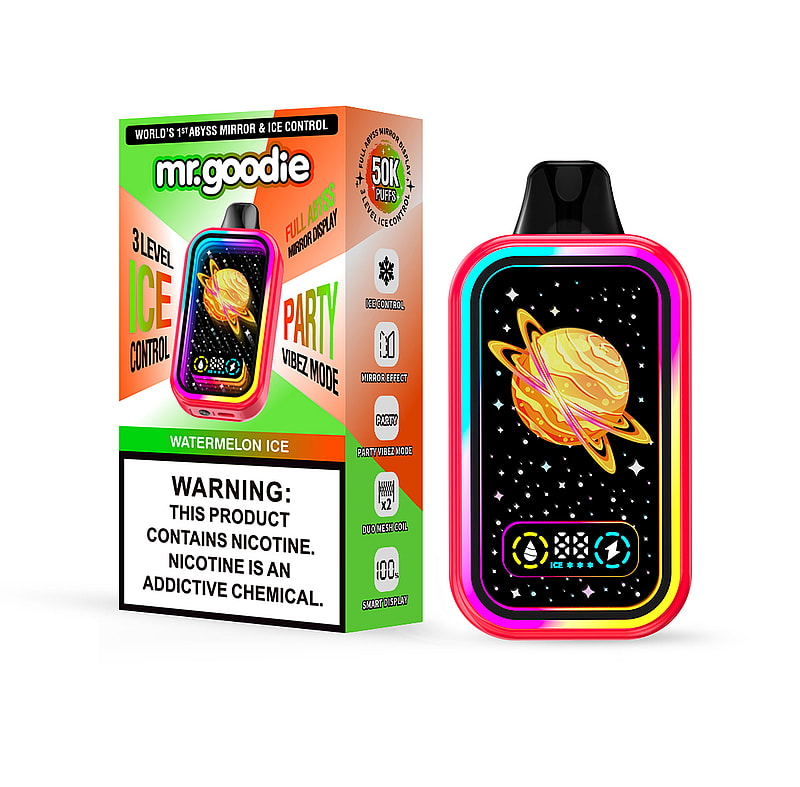 Appareil de vapotage électronique coloré avec un motif de planète semblable à Saturne sur l'écran, présenté à côté de son emballage étiqueté « Watermelon Ice » et avertissant de la teneur en nicotine.