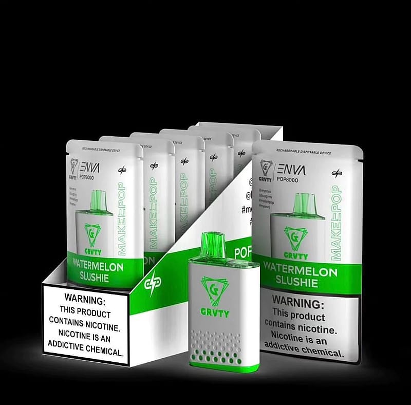 Disposable vape packaging labeled "GRVTY Watermelon Slushie" with a visible nicotine warning.