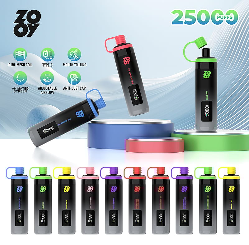 Promotional image showcasing various models of ZOOY brand vaping devices with colorful designs, featuring key features like an animated screen, adjustable airflow, and an anti-dust cap, set against a modern graphic background with text indicating 25000 puffs capacity.