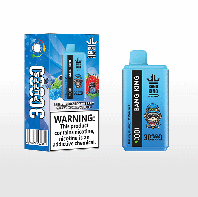 Paquete azul con un dispositivo de vapeo con sabor a arándano, frambuesa y frutas mixtas, y una etiqueta de advertencia sobre la adicción a la nicotina.