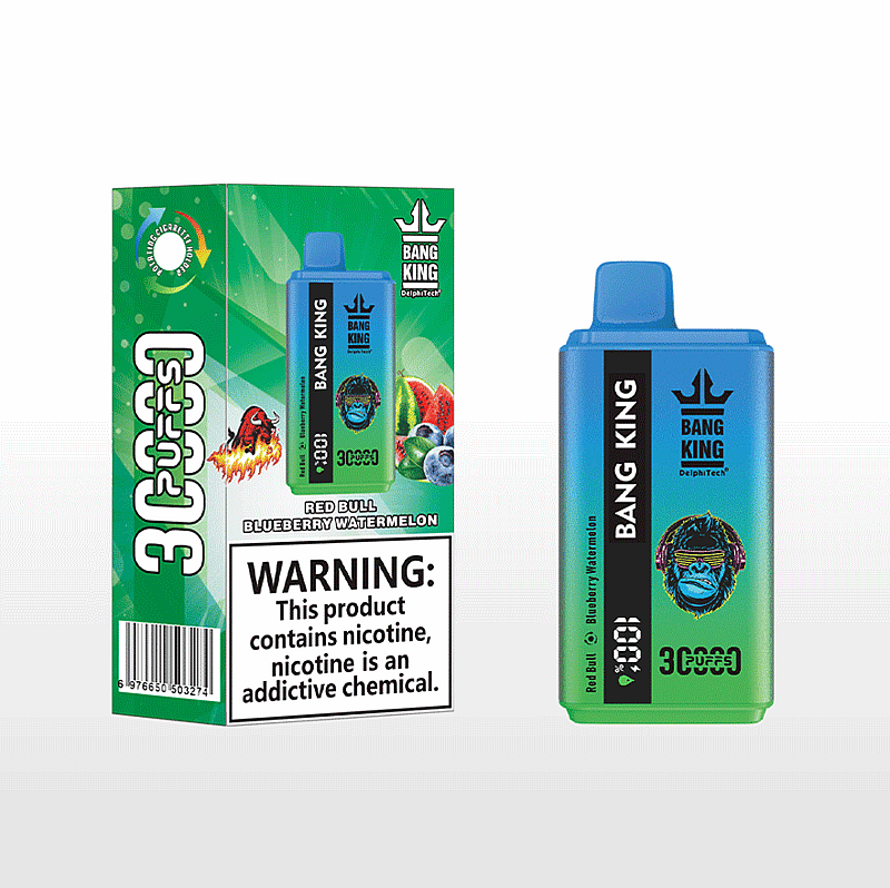 Una caja de embalaje y un dispositivo para el vaporizador desechable Bang King con sabores Red Bull, arándano y sandía, que muestra la marca del producto y una etiqueta de advertencia de nicotina.