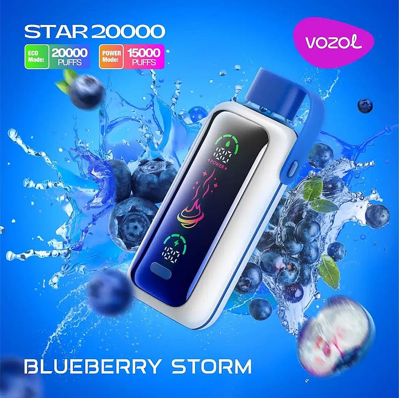 Ein Werbebild für das Vozol Star 20000-Vaping-Gerät in der Geschmacksrichtung Blueberry Storm, das das Gerät mit einem blauen Griff zeigt, begleitet von spritzenden Blaubeeren und einem kräftigen Text, der die Zugoptionen hervorhebt.