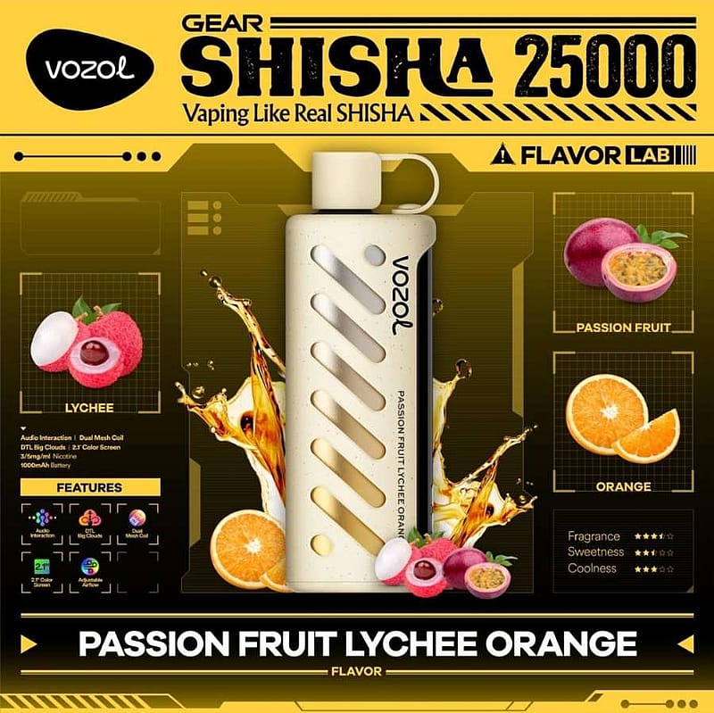 Promotional graphic for the Vozol Gear Shisha 25000 vape, featuring a colorful design with images of passion fruit, lychee, and orange, highlighting the vape's flavor profile and features like dual mesh coil and 1000mAh battery.