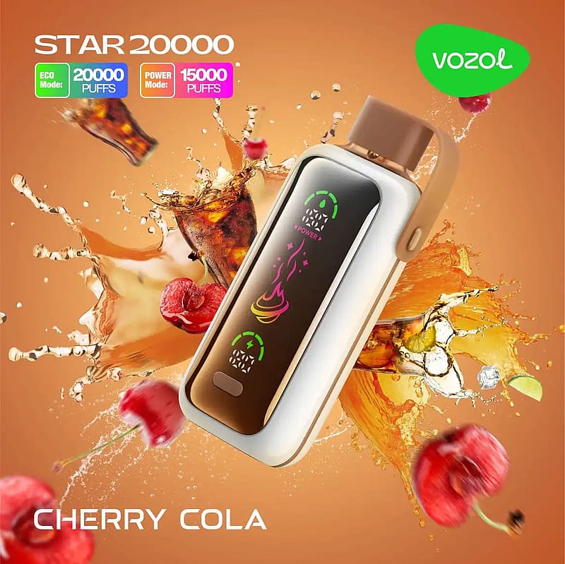 Werbebild für das Vozol STAR 20000-Vaping-Gerät mit Cherry-Cola-Geschmack, das das Gerät mit einem braun-schwarzen Gehäuse neben Spritzern von Cola, Eis und Kirschen auf einem warmen Hintergrund zeigt.