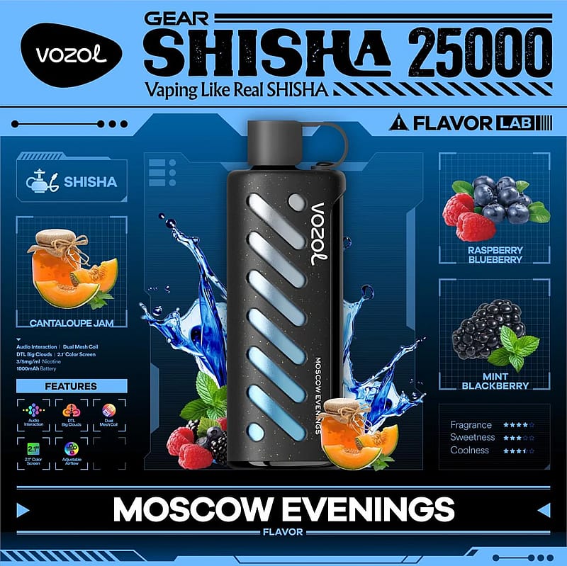 Promotional image for Vozol Gear Shisha 25000 vape featuring the 'Moscow Evenings' flavor, surrounded by raspberries, blueberries, blackberries, mint, and cantaloupe imagery, along with product features and flavor notes.
