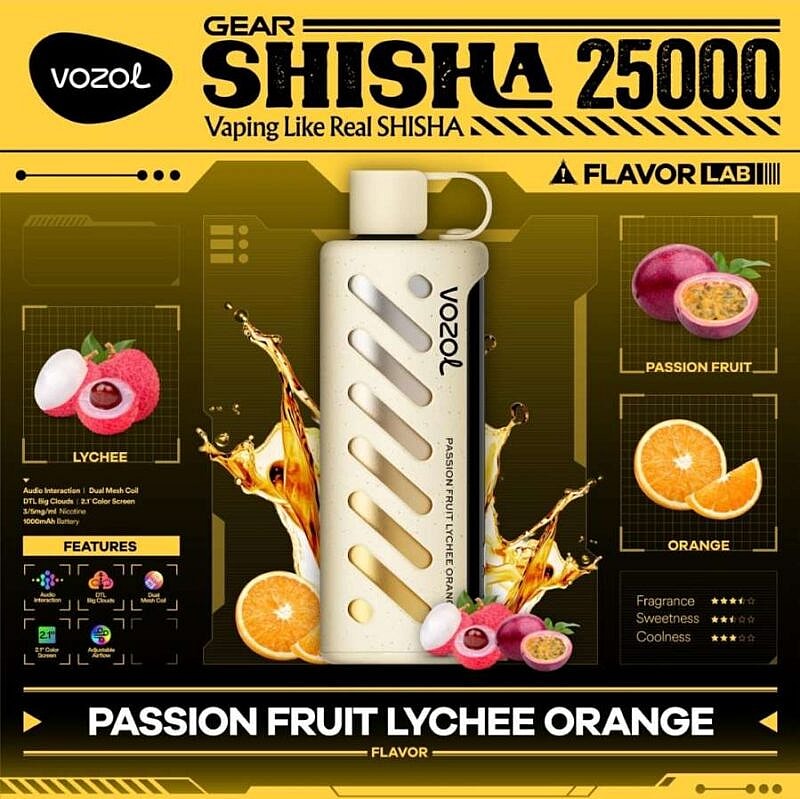 Reklamgrafik för Vozol Gear Shisha 25000 vape, med en färgstark design med bilder av passionsfrukt, litchi och apelsin, som framhäver vapens smakprofil och funktioner som dubbel mesh-spole och 1000mAh batteri.