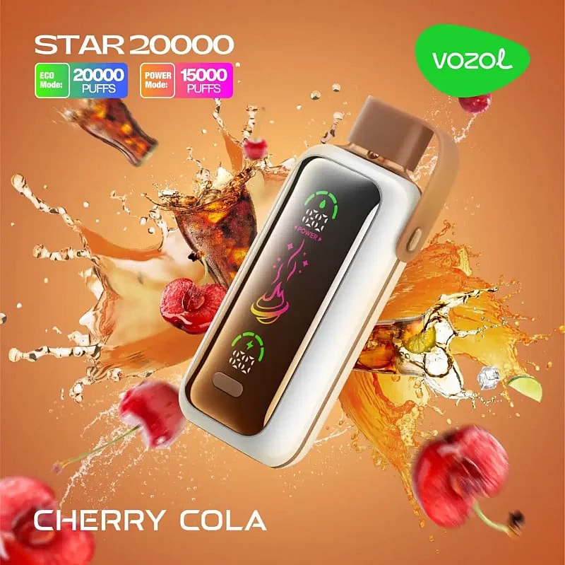 Promotional image for the Vozol STAR 20000 vaping device in Cherry Cola flavor, showing the device with a brown and black casing alongside splashes of cola, ice, and cherries on a warm background.