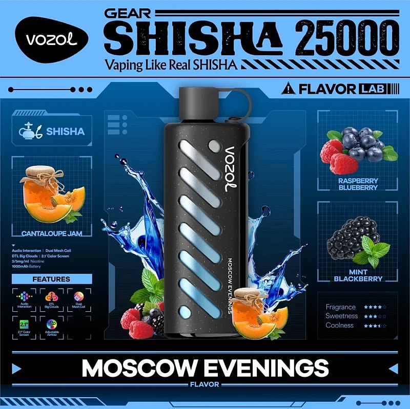 Kampanjbild för Vozol Gear Shisha 25000 vape med smaken 'Moscow Evenings', omgiven av hallon, blåbär, björnbär, mynta och cantaloupe-bilder, tillsammans med produktegenskaper och smaknoter.