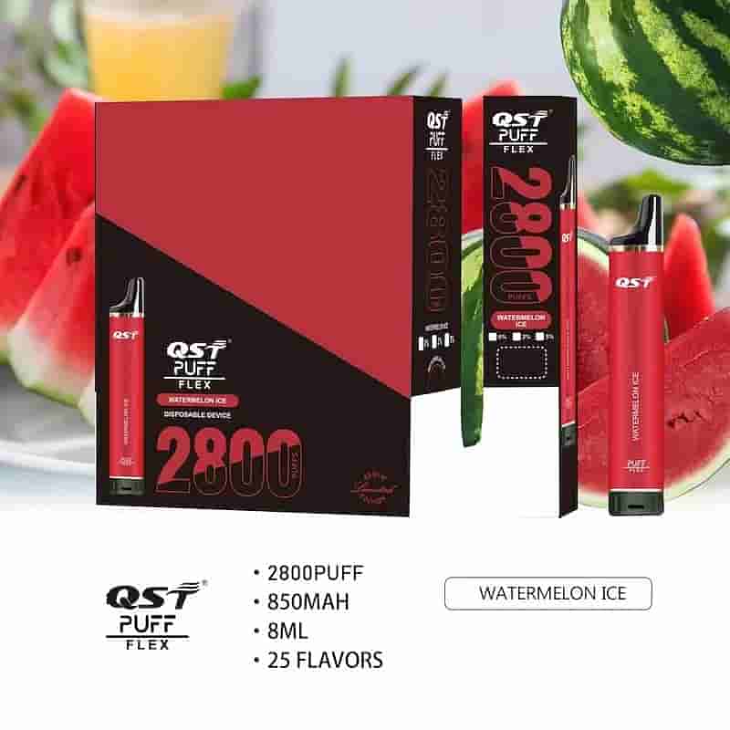 QST Puff Flex Einweg-Vape-Gerät mit Wassermeloneneisgeschmack, 2800 Zügen, 850 mAh-Akku, 8 ml Fassungsvermögen und 25 verfügbaren Geschmacksrichtungen.