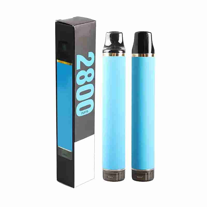 Blauer Einweg-Vape-Pen mit 2800 Zügen, neben der Verpackung abgebildet.
