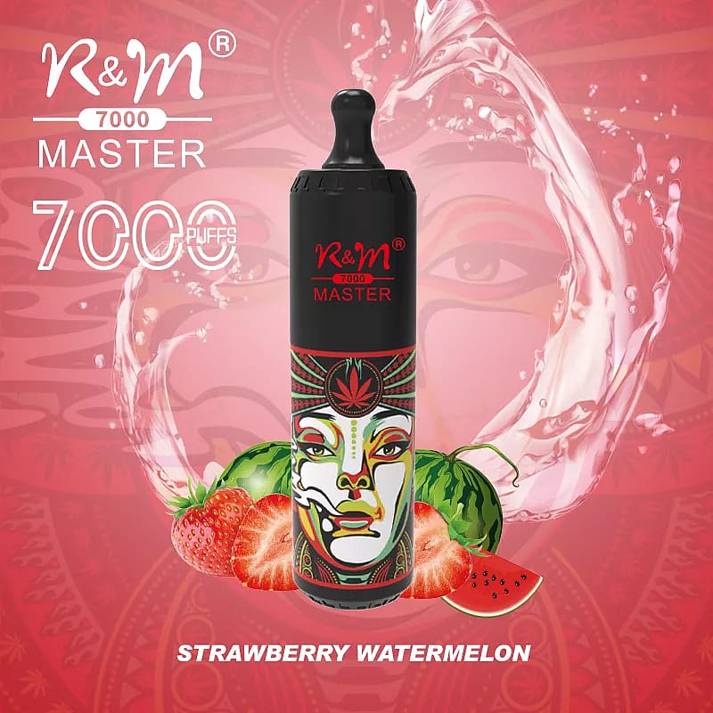Vapeador desechable R&M Master 7000 en sabor fresa sandía con un artístico diseño de cara y frutas de fondo.