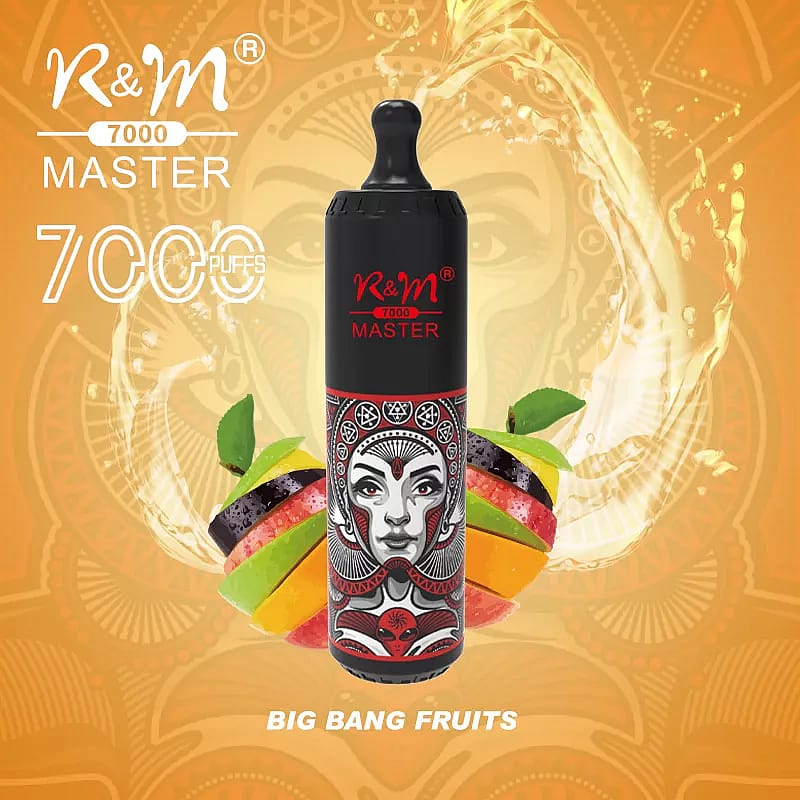 Vapeador desechable R&M 7000 Master con sabor "Big Bang Fruits", que presenta coloridas rodajas de fruta y un diseño de cara estilizada en el dispositivo.