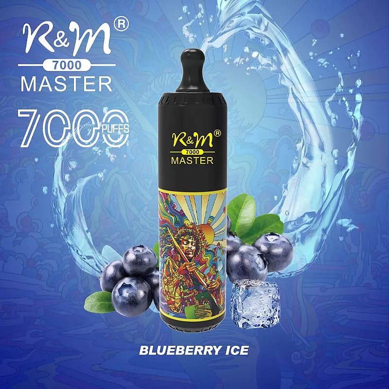 Un dispositivo de vapeo etiquetado como "K&M 7000 Master" con sabor "Blueberry Ice", que presenta un diseño colorido y psicodélico sobre un fondo azul con arándanos y cubitos de hielo.