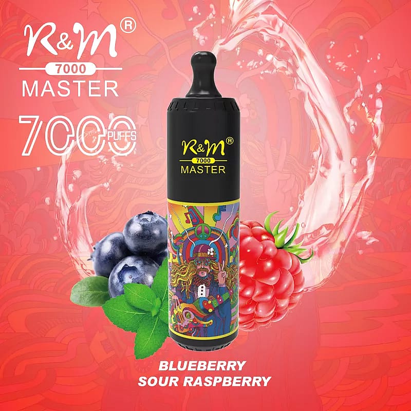Vapeador desechable R&M Master 7000 con sabor a frambuesa ácida y arándanos, que presenta un diseño colorido y promueve 7000 caladas.