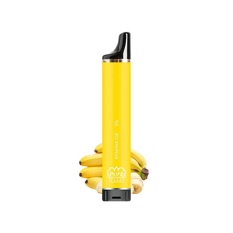 Gul vape-penna märkt "Banana Ice" med ett svart munstycke, placerad framför ett gäng bananer.