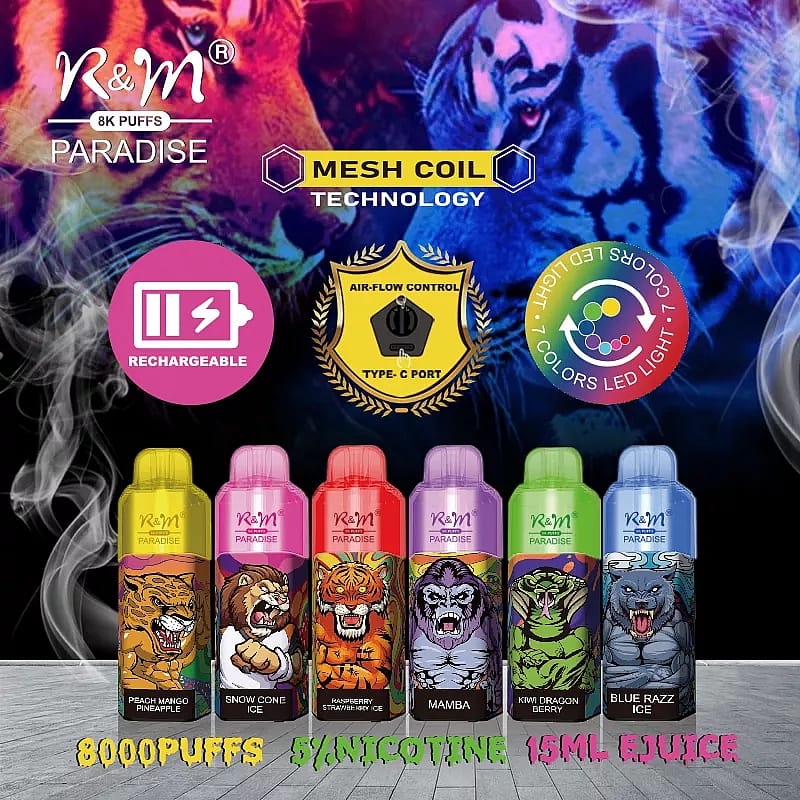 R&M Paradise engångs vape-pennor med djurdesign, med 8000 puffar, 5% nikotin, 15 ml e-juice, laddningsbar via Type-C port, mesh coil-teknologi, luftflödeskontroll och 7-färgad LED-lampa.