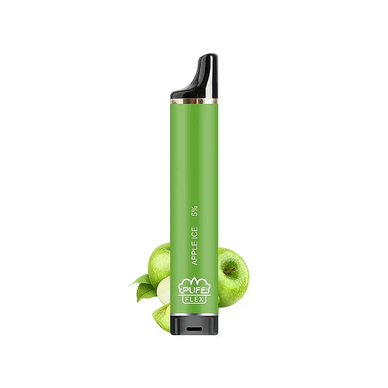 Grön vape-enhet märkt "Apple Ice 5%" med gröna äpplen vid basen, mot en vit bakgrund.