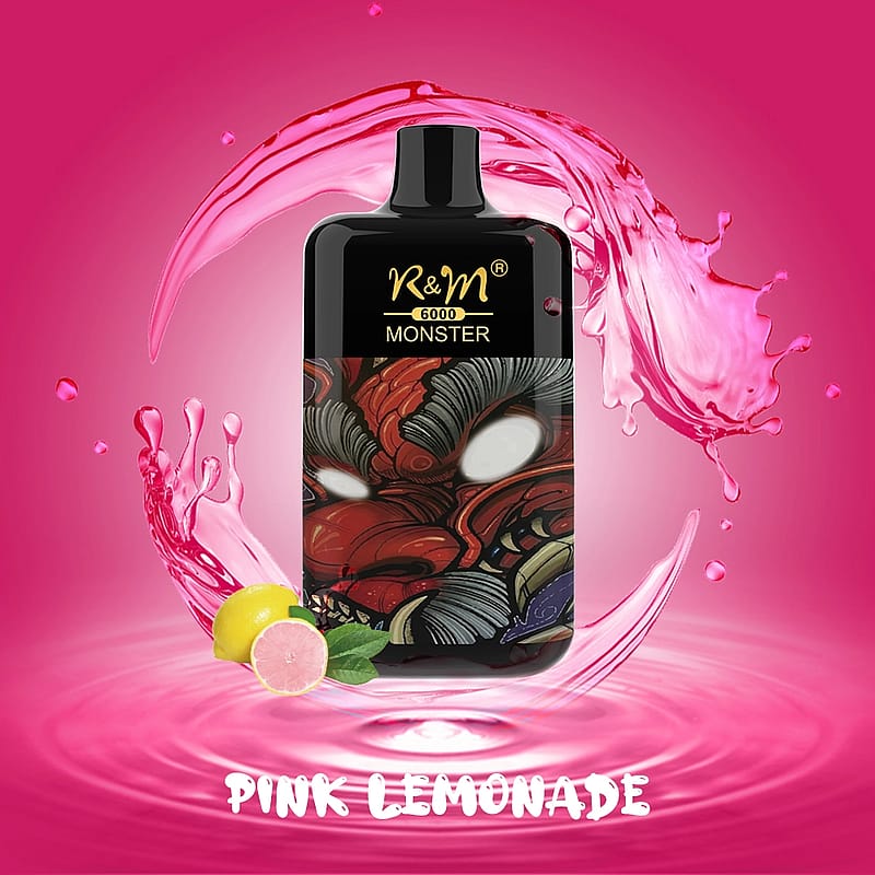 Dispositivo da svapo R&M Monster con un disegno simile a un demone sulla parte anteriore, circondato da schizzi di limonata rosa e da una fetta di limone.