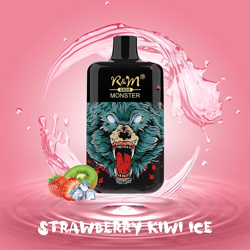 Un dispositivo da svapo nero con il testo "K&M 6000 MONSTER" che raffigura un feroce volto di lupo blu con occhi luminosi e bocca aperta. Lo sfondo è rosa con spruzzi e fragole, kiwi e cubetti di ghiaccio raffigurati in basso. Il testo "STRAWBERRY KIWI ICE" si trova in basso.