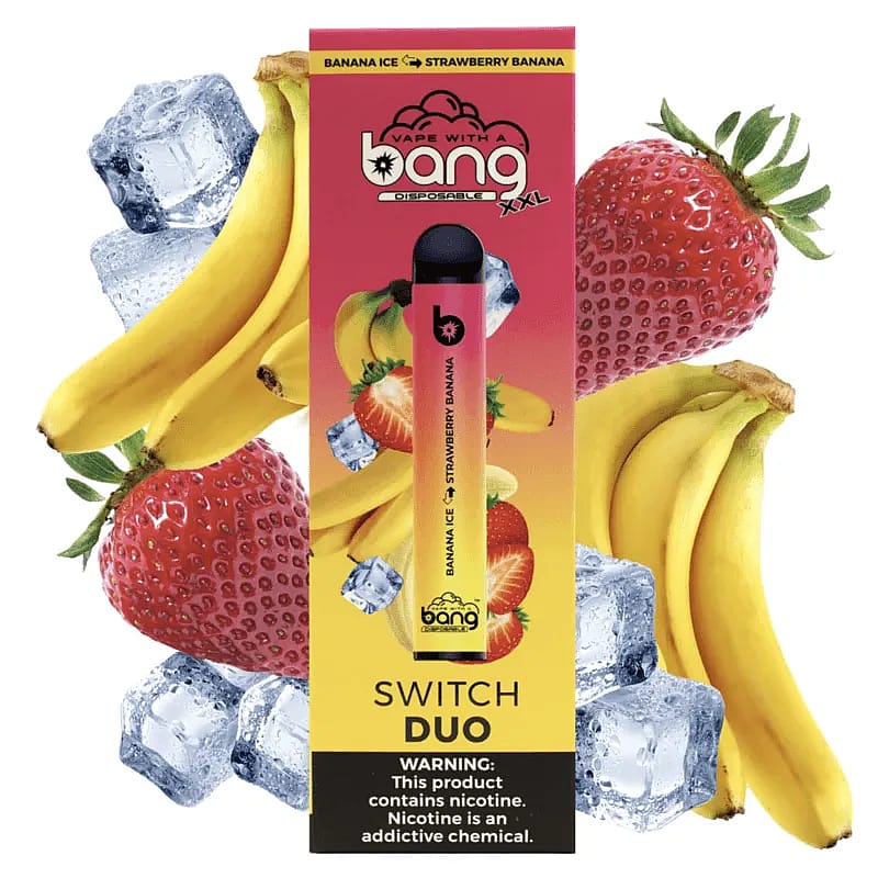 Confezione di un dispositivo per svapare usa e getta con l'etichetta "Bang Switch Duo" al gusto di banana ice e fragola banana, circondato da immagini di banane, fragole e cubetti di ghiaccio.