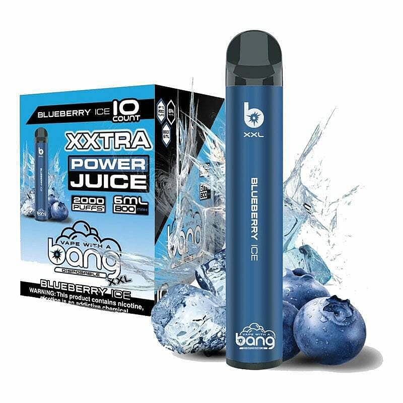 Blueberry Ice disposable vape device with a "Vape with a bang" logo, accompanied by a box featuring the same branding, blueberry images, and icy visuals.