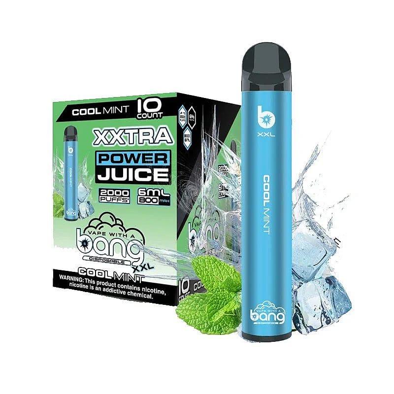 Blue disposable vape pen and packaging with "Cool Mint" flavor branding, showing mint leaves and ice cubes. The text on the box includes "XXTRA Power Juice" and "2000 puffs, 6ml, 800 mAh."
