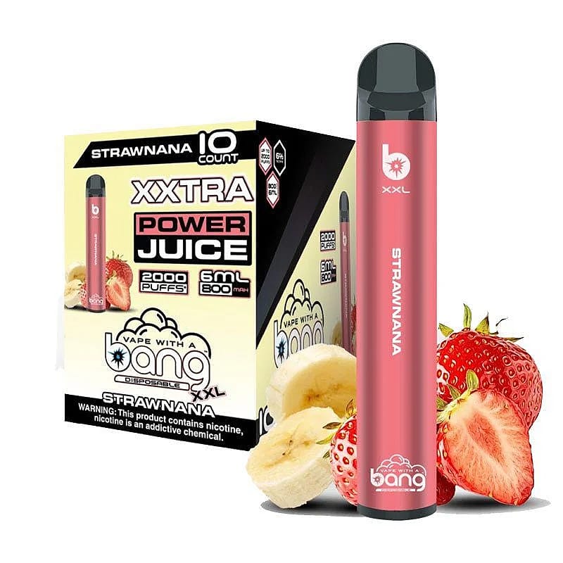 Red disposable vape pen labeled "Strawnana" next to a box with similar branding, surrounded by images of strawberries and bananas.
