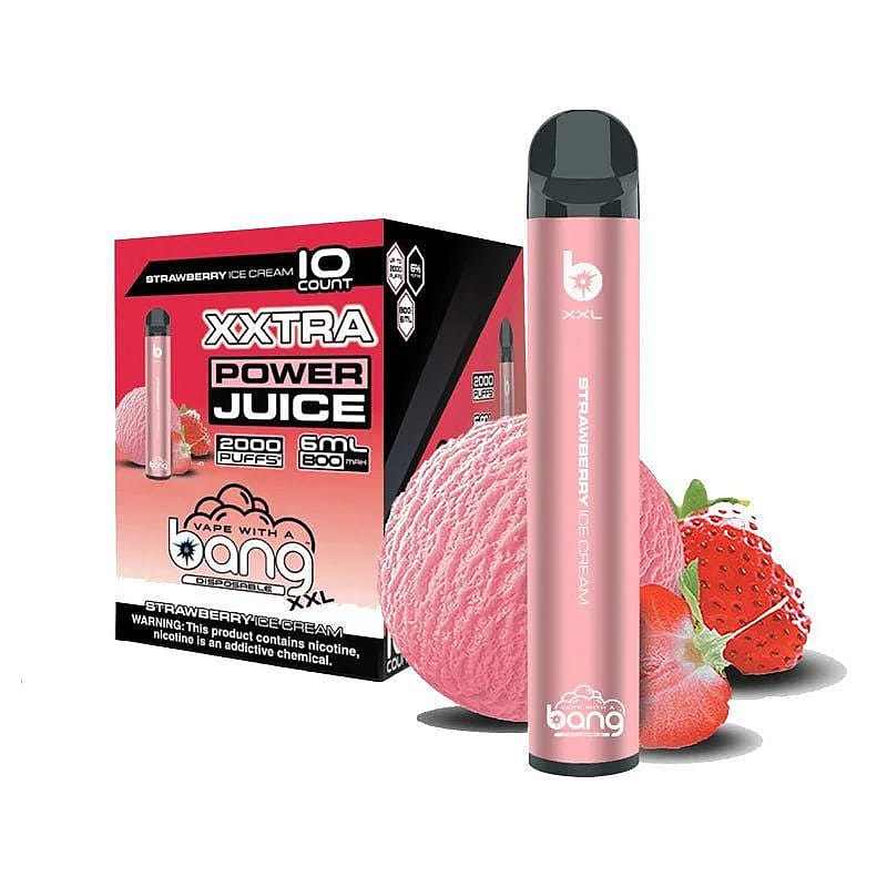Strawberry-flavored disposable vape pen and packaging, labeled "Bang XXL" with "2000 puffs" and "6ml" capacity, alongside images of strawberries and strawberry ice cream.