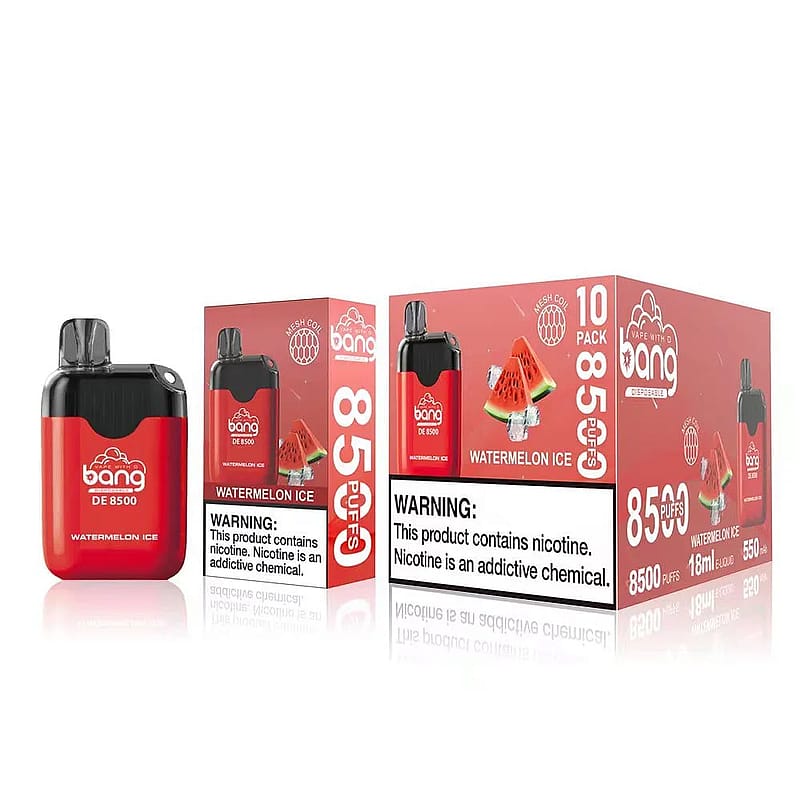Einweg-Vape-Pen und Verpackung mit Wassermelonengeschmack, mit der Aufschrift "Bang DE 8500" und der Warnung, dass Nikotin eine süchtig machende Chemikalie ist.