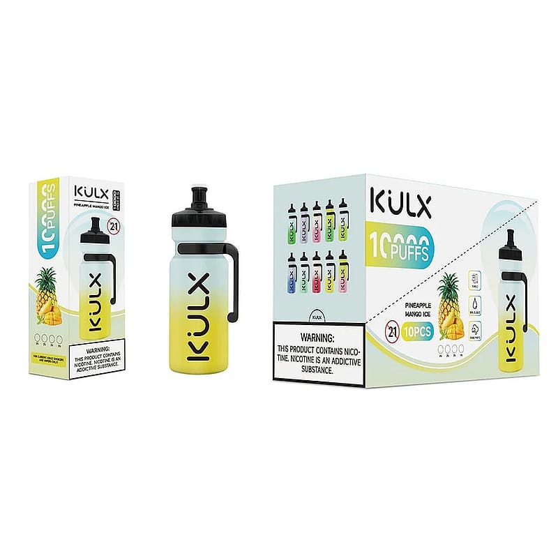 A bottle-shaped vape device with the brand "KULX" and "Pineapple Mango Ice" flavor, alongside its packaging showing 10,000 puffs and a nicotine warning.