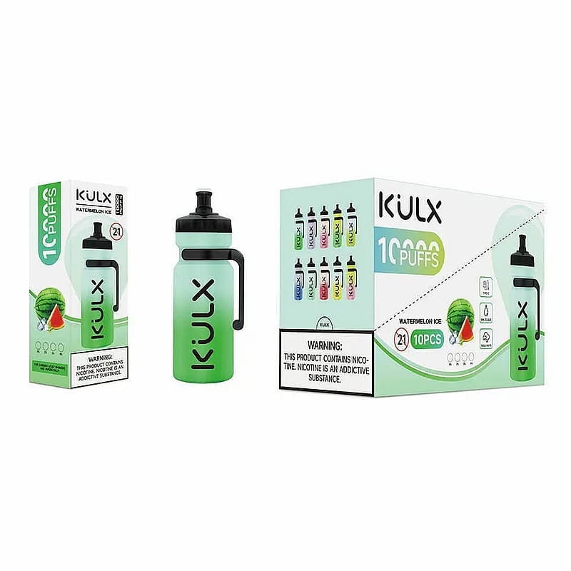 A vape device shaped like a green water bottle labeled "KULX," alongside its packaging box showing the flavor "Watermelon Ice" and a pack of 10, with a nicotine warning label.