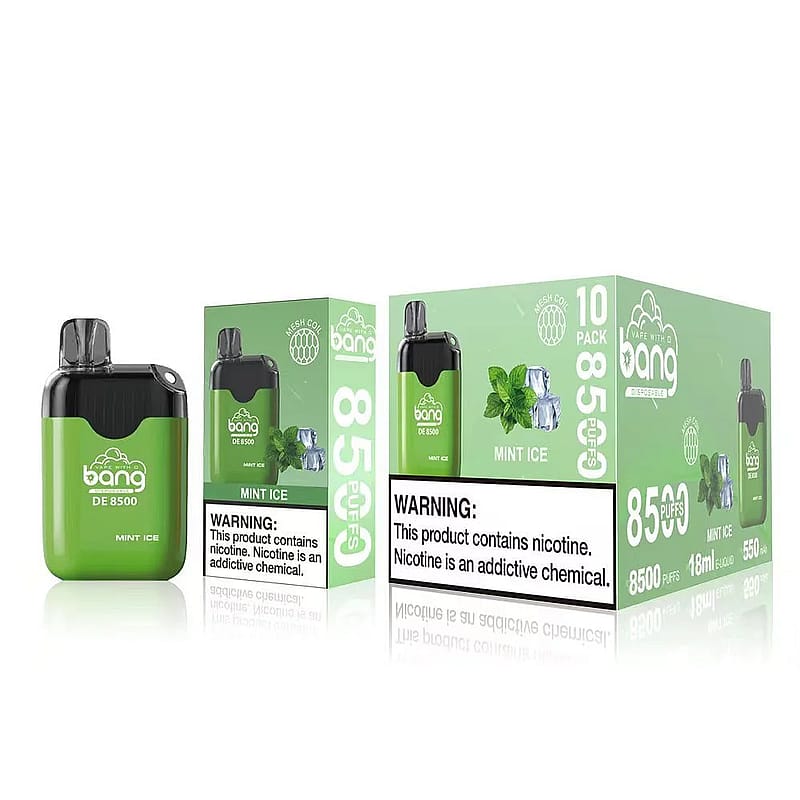 Bang DE 8500 Einweg-Dampfgerät in der Geschmacksrichtung Mint Ice, abgebildet zusammen mit der Verpackung, auf der "8500 Puffs" und Nikotinwarnhinweise stehen.