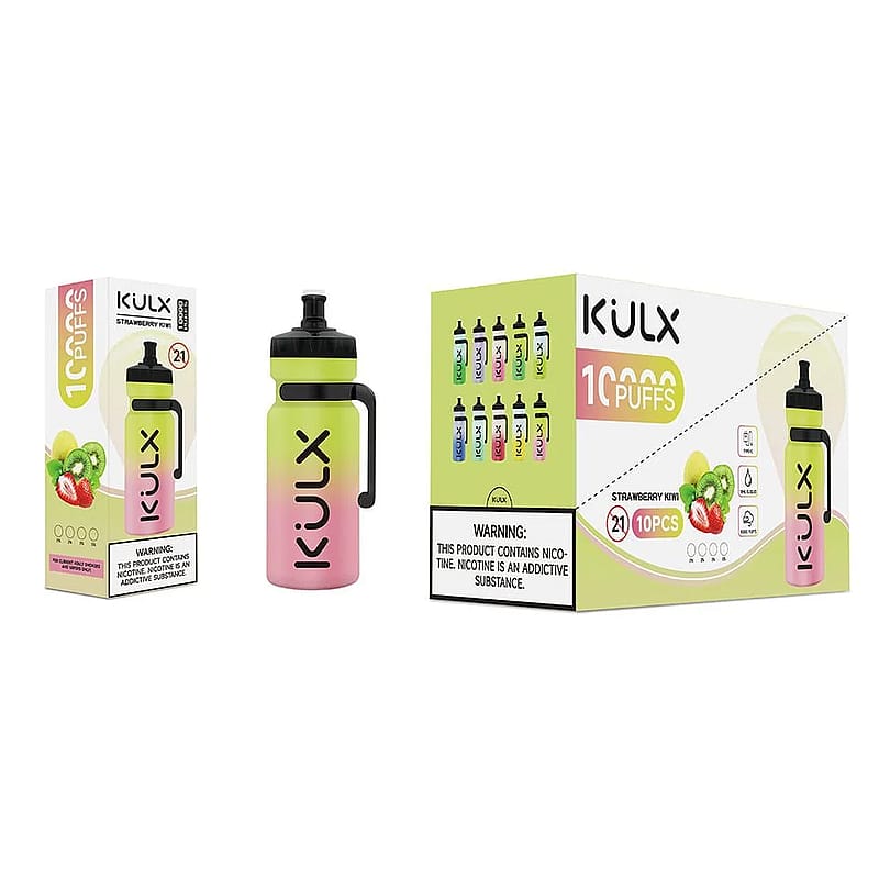 A box and bottle of KULX disposable vape in strawberry kiwi flavor, labeled "10000 puffs" and featuring warning about nicotine content.