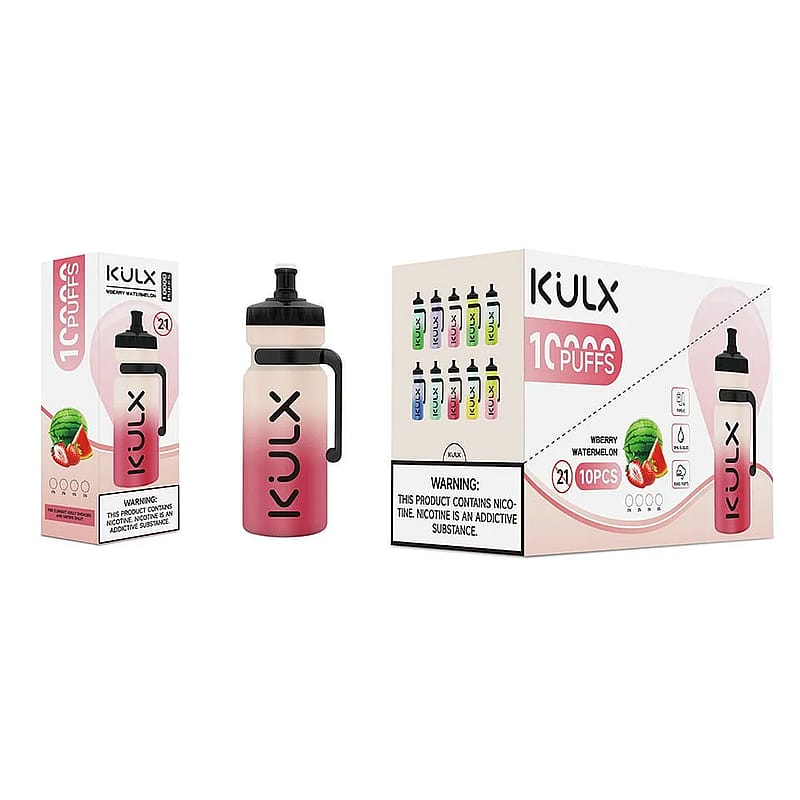 KULX vape device in a bottle shape with a box displaying the "10,000 puffs" text, flavor "Weberry Watermelon," and a nicotine warning label.