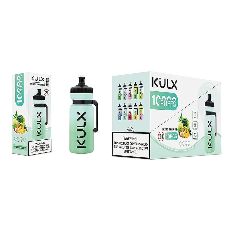 KULX disposable vape bottle with 10,000 puffs in mixed berries flavor, featuring a handle design, shown alongside its packaging and warning label about nicotine content.